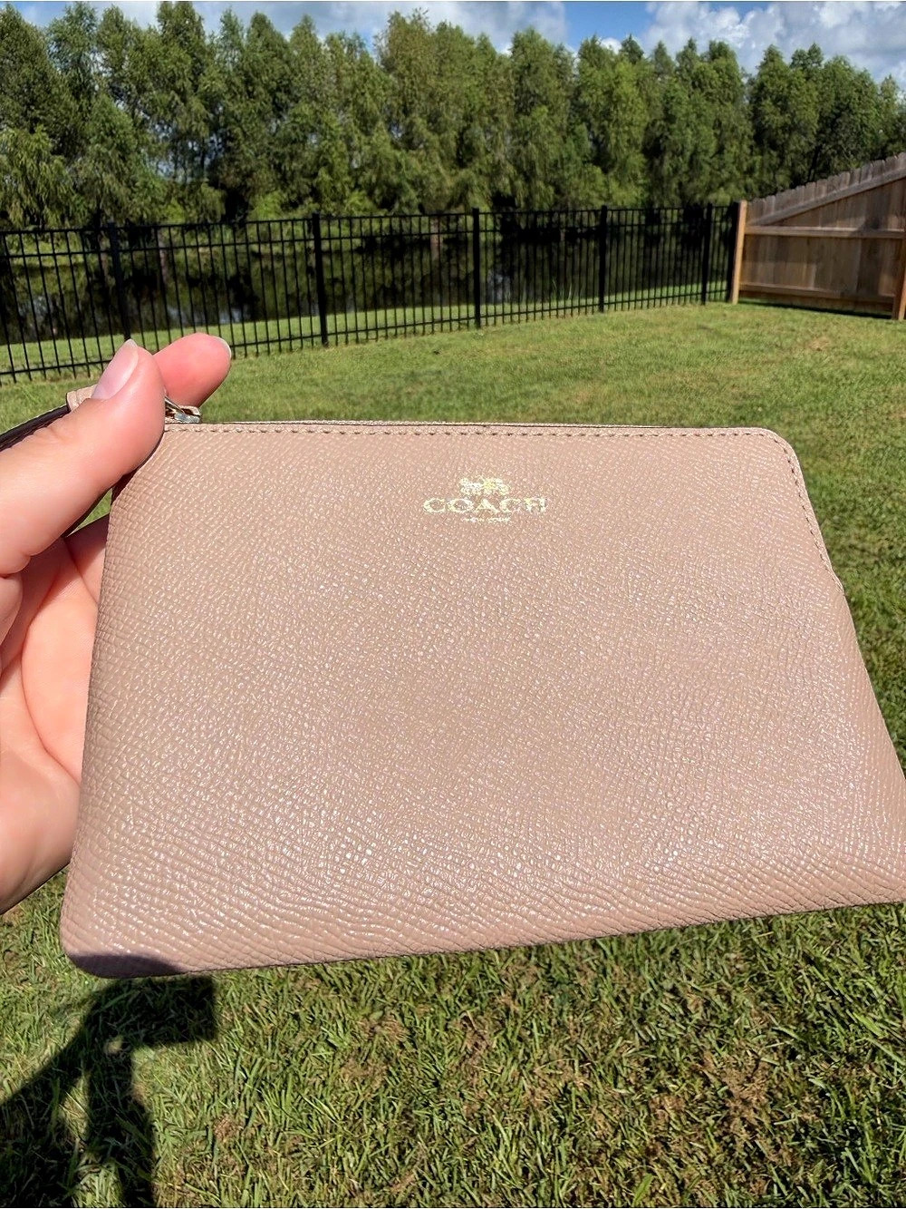 Coach Corner Zip Wristlet in Taupe Crossgrain Leather